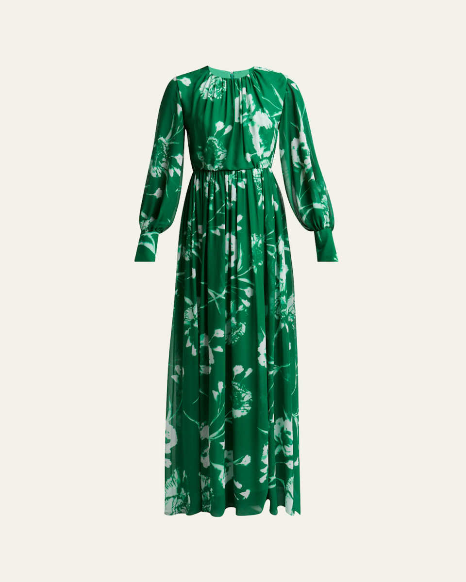 Gathered Floral Long Sleeve Silk Gown